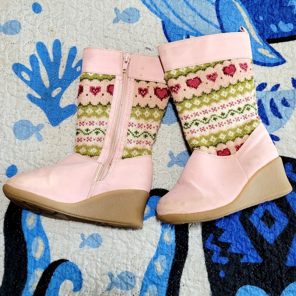 Kid Toddler Girl's Gymboree Light Pink Fair Isle Wedge Heel Boots, size 11